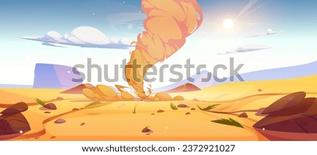 Tornado hurricane twister with swirl sand in desert. Cartoon vector illustration natural sandy landscape with storm whirlwind. Destructive windstorm disaster with wind and vortex whirlpool in dune. Royalty-Free Stock Photo #2372921027