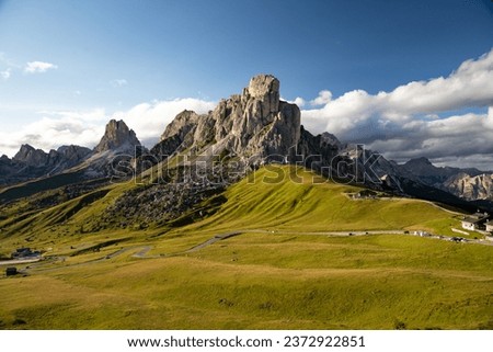 View of Ra Gusela Peak of Nuvolau group in the Italian Dolomites Mountain at Giau Pass, South Tyrol Italy. Royalty-Free Stock Photo #2372922851