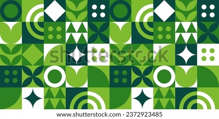 Green geometric mosaic seamless pattern illustration with nature abstract shapes. Fresh organic concept background print. Eco friendly minimalist shape texture, geometry collage. Royalty-Free Stock Photo #2372923485