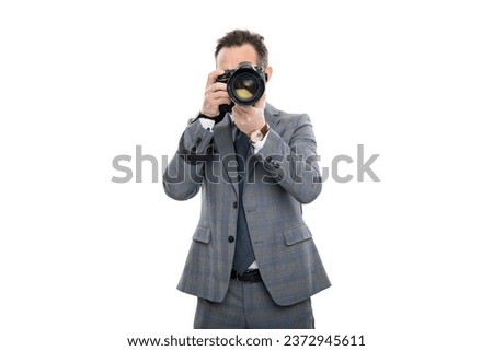 journalist man taking photo isolated on white. paparazzi photographer. businessman hold photo camera. photojournalist in business suit. business photographer with camera. press photographer