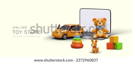 Online toy store. Buying different toys via laptop. 3d automobile, pyramid and cubes, fluffy teddy bear and dog. Vector illustration with place for text Royalty-Free Stock Photo #2372960837