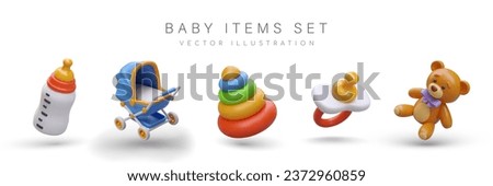 Set with toys and baby care items. Poster with stroller for kids, cute teddy bear and pyramid with colorful rings. Baby feeding bottle and pacifier. Vector illustration Royalty-Free Stock Photo #2372960859