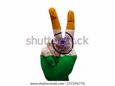 Hand making the V sign india country flag painted