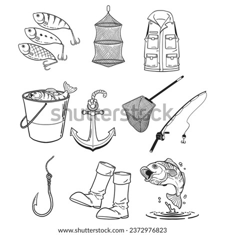 Illustrations of several tools for fishing, such as nets, fishing rods, buckets, boots, etc