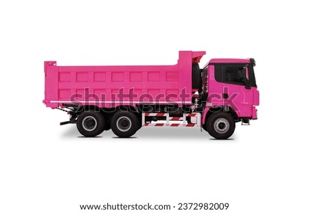 Side view of a new pink colored dump truck isolated over white background Royalty-Free Stock Photo #2372982009