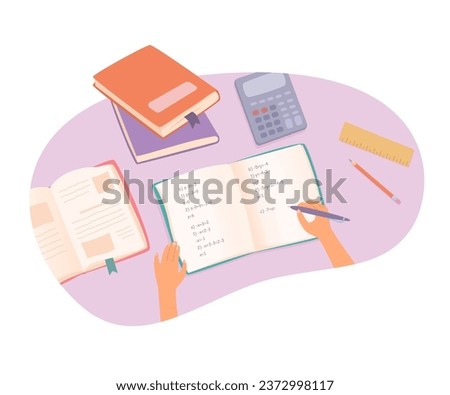 Student studying mathematics vector illustration. Cartoon isolated top view on hand holding pen to write math equations and formulas in notebook and study, diligent character thinking and counting Royalty-Free Stock Photo #2372998117