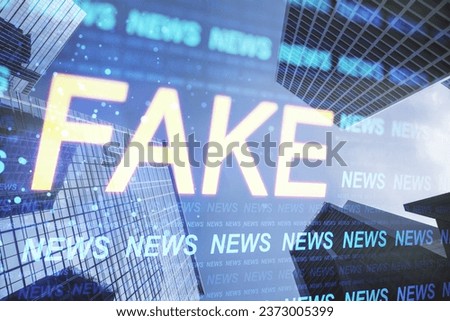 Creative hi-tech news hologram on blurry city backdrop with bright 'fake' word. Television, fake news and digital communication concept. Double exposure Royalty-Free Stock Photo #2373005399