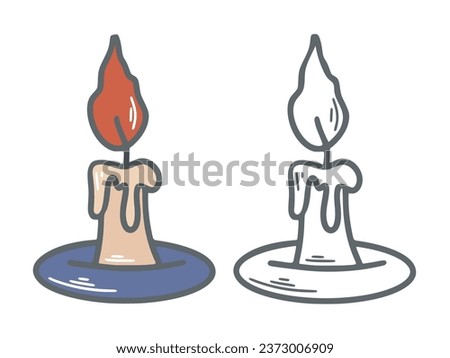Set hand drawn candle in ink and color. Burning candle simple doodle sketch, isolated vector illustration. Clip art flame