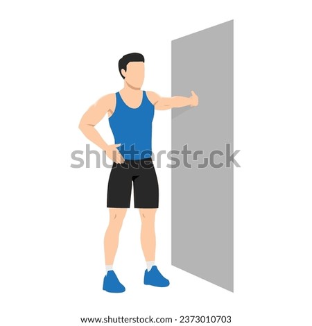 Man doing Chest stretch exercise on a wall. Standing one arm chest stretch. Flat vector illustration isolated on white background Royalty-Free Stock Photo #2373010703