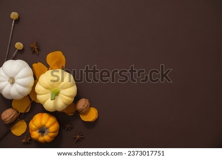 Creative fall decorations with warm dark brown background. Pumpkins, dried leaves, dried star anise and walnuts are placed in the corner to create space for the design
