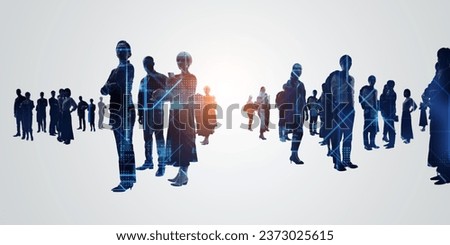 Group of multinational people and technology. Digital transformation. Wide angle visual for banners or advertisements.