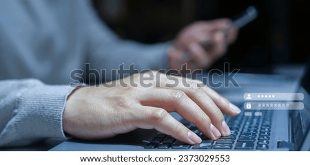 close up employee man type username and password on laptop to access private account of office for security system of business technology concept
