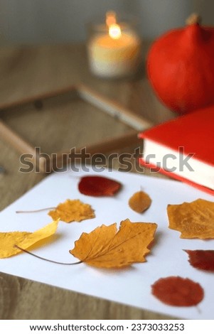 Paper with pressed colorful leaves, book, scissors, pencils, picture frame, scented candle and decorative pumpkin on the table. Making autumnal themed herbarium at home. Selective focus.