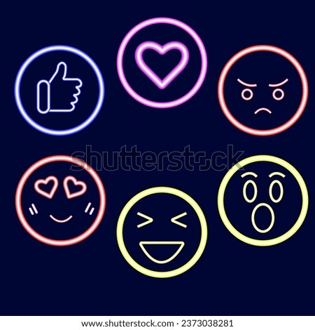 Neon emoticons, neon icons.
Heart, cool, surprise, love, anger, laughter