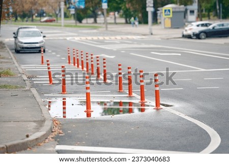 Traffic bollards on roadside, prevent parking car near pedestrian crossing. Traffic cone separating the road. No parking zone. Parking prohibited before and after crosswalk. Clear visibility