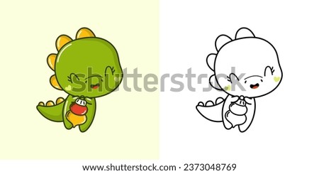 New Year Kawaii Dinosaur for Coloring Page and Illustration. Adorable Clip Art Christmas Dino. Happy Vector Illustration of a Kawaii Animal for Christmas Stickers. 
