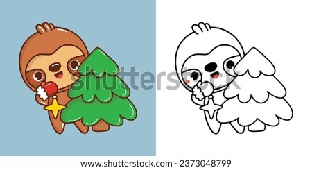 New Year Kawaii Sloth for Coloring Page and Illustration. Adorable Clip Art Christmas Jungle Animal. Happy Vector Illustration of a Kawaii Animal for Christmas Stickers. 