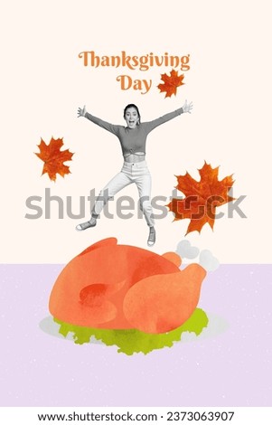 Vertical collage picture of excited mini black white colors girl jump above big roasted turkey tray happy thanksgiving day
