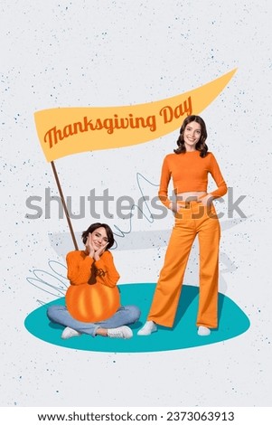 Vertical collage image of two cheerful cute girls hold pumpkin thanksgiving day flag decoration isolated on painted background