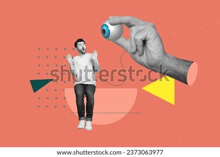 Poster collage of young scared man terrified reaction nervous foreigner absurd eyeball spying his private life isolated on red background