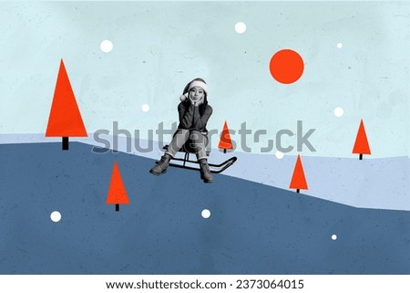 Composite collage picture image of cute funny female sitting sledge winter forest new year atmosphere christmas celebration x-mas