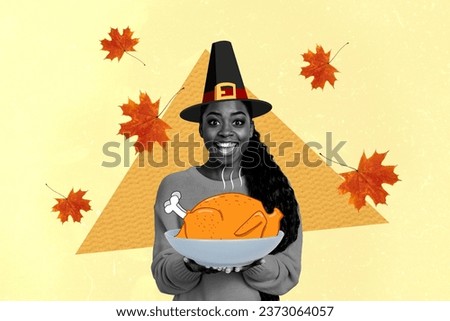 Creative collage picture of astonished black white colors girl arms hold baked tasty turkey plate flying leaves isolated on beige background
