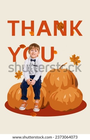 Vertical collage picture of cute cheerful boy sit pumpkin flying leaves thank you banner isolated on creative background
