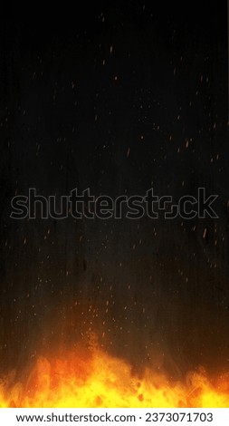 Concrete floor with fire flame on a dark background. Scary Halloween background concept