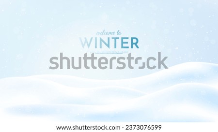 Vector illustration. Flat landscape. Snowy background. Snowdrifts. Snowfall. Clear blue sky. Blizzard. Cartoon wallpaper. Cold weather. Winter season.  Empty template design with copy space Royalty-Free Stock Photo #2373076599
