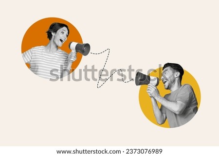 Composite collage picture image of excited happy female man communication megaphone loud speaker best friends marketers have fun announce