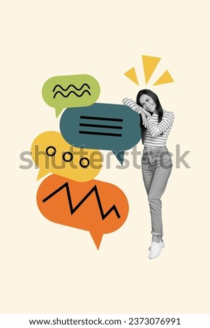 Vertical composite creative abstract photo collage of positive friendly woman lean on chat notifications isolated white color background