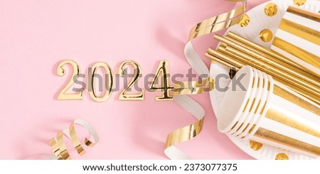 Golden digits in 2024 number with gold decorations on pink background. 2024 new year backdrop. Space for text