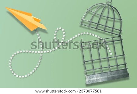 Freedom. Paper plane flying out of open cage on olive color background