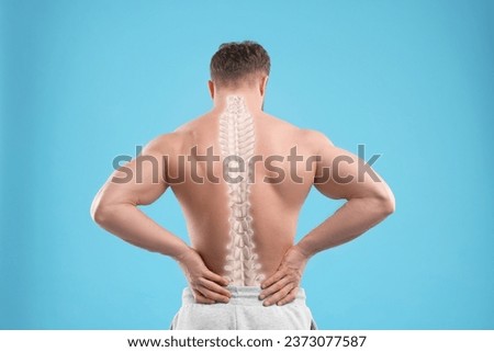 Muscular man on light blue background, back view. Illustration of spine Royalty-Free Stock Photo #2373077587