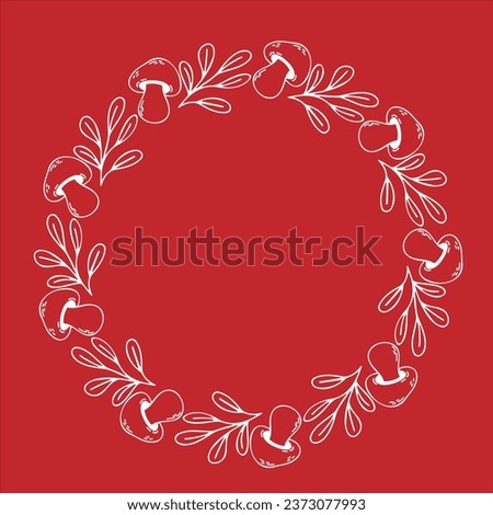 Clip art of hand drawn wreath of Autumn leaves and mushrooms on isolated red  background. Warm background for Autumn harvest, Thanksgiving, Halloween and seasonal celebration, textile, scrapbooking.