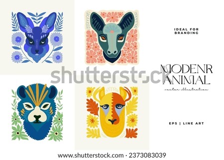 Floral and animal abstract elements. Botanical composition. Modern trendy Matisse minimal style. Kids, Child, Floral poster, invite. Vector arrangements for greeting card or invitation design.