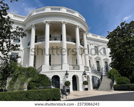 The sunny south side of the White House, where the President of the United States resides. Royalty-Free Stock Photo #2373086243