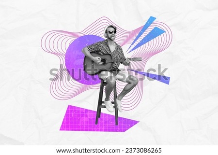 Photo collage artwork minimal picture of happy smiling guy sitting bar chair playing guitar isolated graphical background
