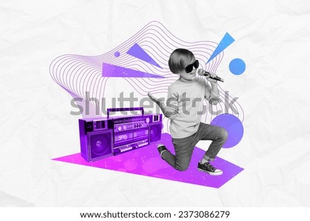 Abstract creative composite photo collage of cool boy wear sunglass sing liryc pop song in microphone isolated on drawing background