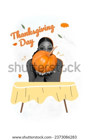 Image poster collage of cute beautiful girl hold ripe pumpkin isolated on white drawing background