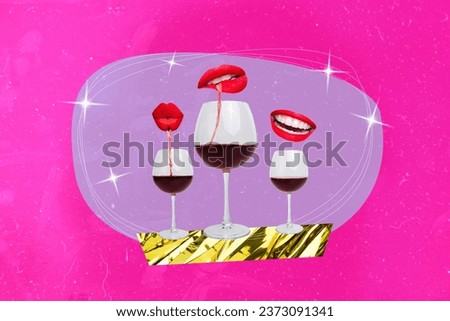 Collage artwork picture of pouted plump lips drinking red whine isolated creative neon pink color background