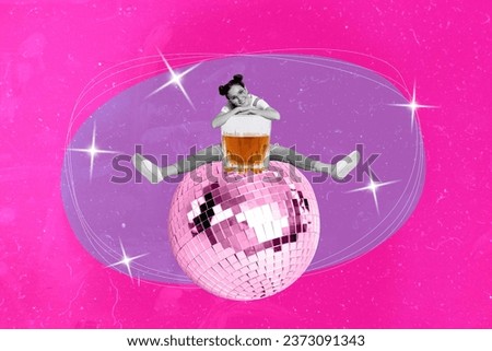 Collage artwork picture of smiling dreamy girl enjoying alcohol sitting disco ball growing isolated pink color background