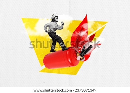 Photo sketch collage picture of cool purposeful lady firefighter standing extinguisher isolated creative background