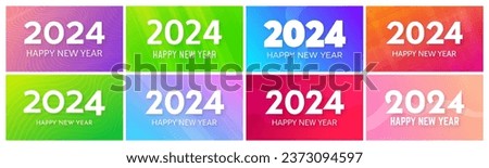 2024 Happy New Year backgrounds.  Set of eight modern greeting banner templates with white 2024 New Year numbers on colorful abstract backgrounds with lines. Vector illustration