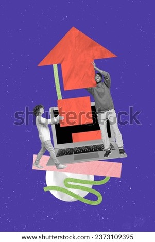 Vertical collage of two mini black white effect guys arms hold connect big arrow pointer pieces netbook display isolated on violet background