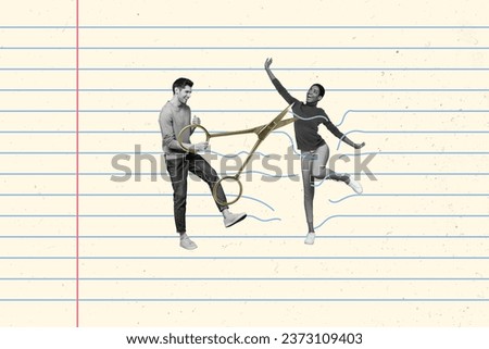 Collage image of two excited black white effect mini people dancing scissors cute striped copybook page lines isolated on creative background