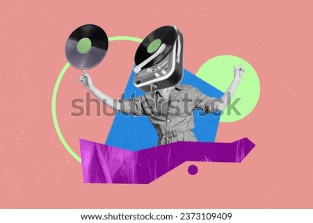 Collage image of black white effect dancing girl arm finger spin vinyl record player instead head isolated on pink background