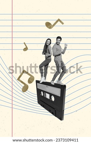 Artwork magazine collage picture of funky funny lady guy enjoying cassette music isolated drawing background