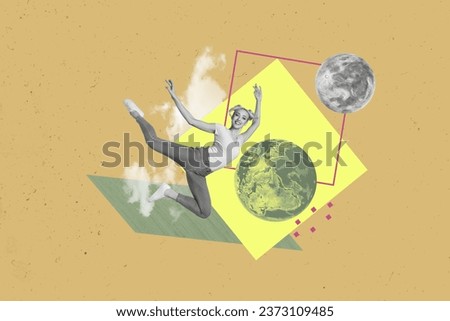 Collage picture of cheerful black white colors girl flying space full moon clouds isolated on drawing beige background
