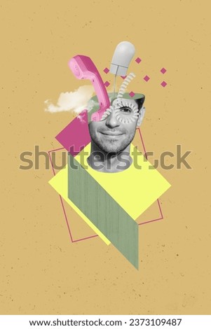 Vertical collage picture of black white colors guy head pc mouse handset telephone inside isolated on beige background